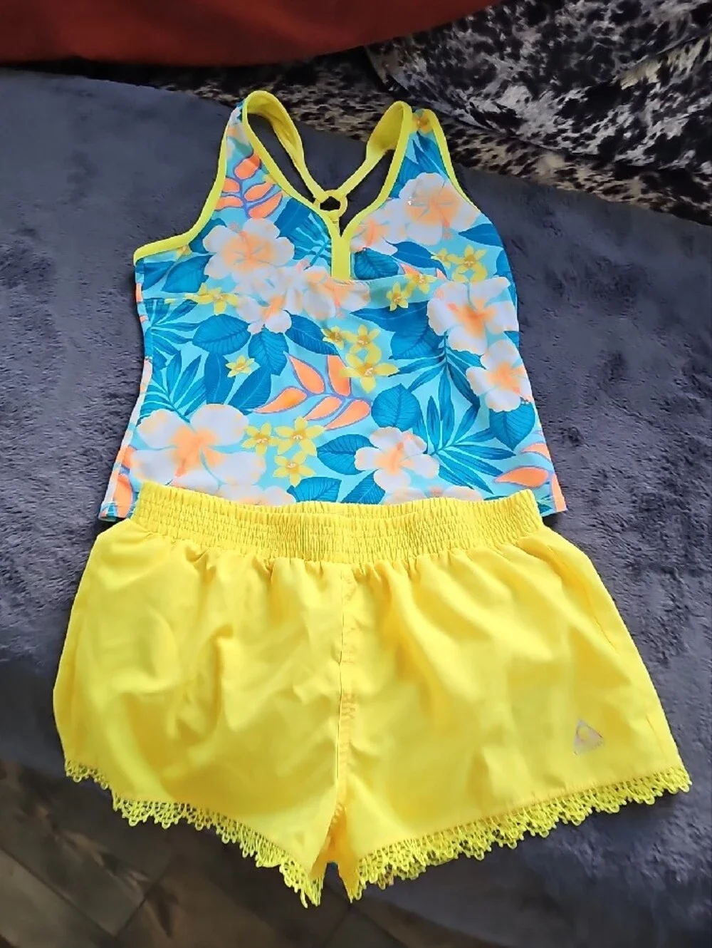 Girls' Tropical Floral Tankini Swim Set with Yellow Skirt